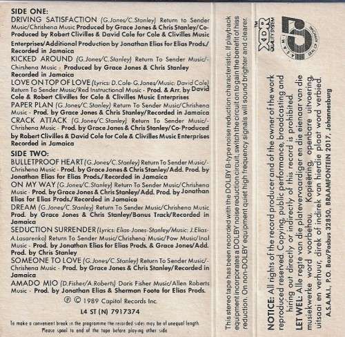 Grace Jones - Bulletproof Heart Cassette Tape