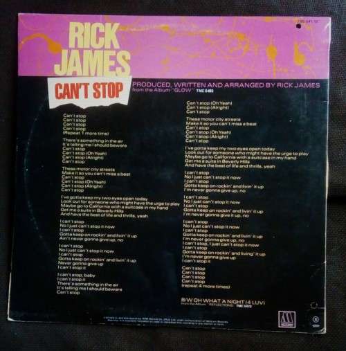 Rick James - Can`t Stop 12` Single Vinyl Record