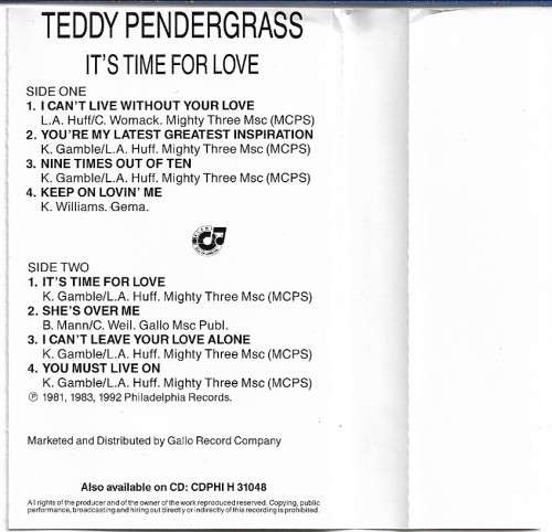 Teddy Pendergrass - It`s Time For Love Cassette Tape