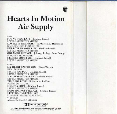 Air Supply - Hearts in Motion Cassette Tape