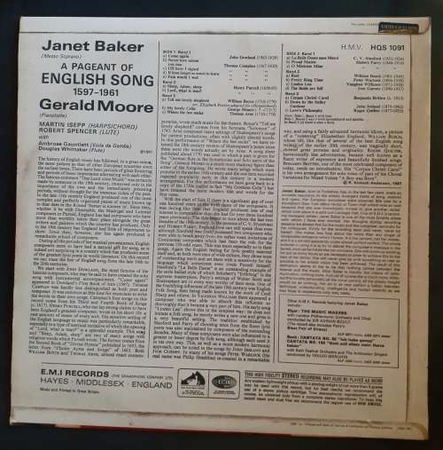 Janet Baker and Gerald Moore - A Pageant of English Song: 1597-1961 LP Vinyl Record