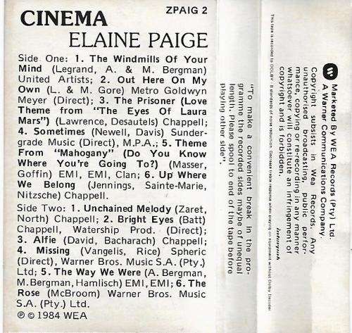 Elaine Paige - Cinema Cassette Tape