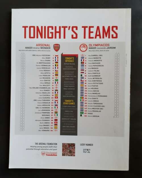 Arsenal vs Olympiacos (Greece) 2012/13 UEFA Champions League Group Stage Match Programme