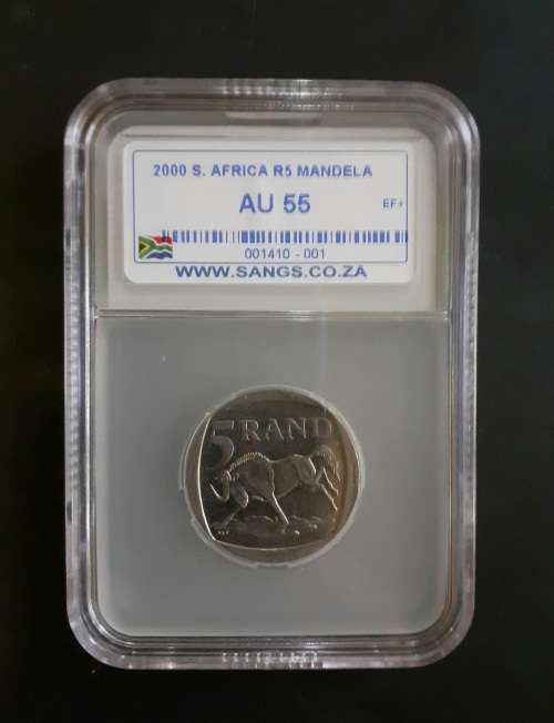 2000 Mandela Smiley R5 Coin SANGS Graded AU55