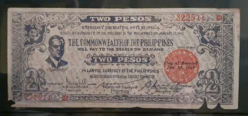 Philippine - 1942 2 Pesos Emergency Circulating Bank Note WWII - VG