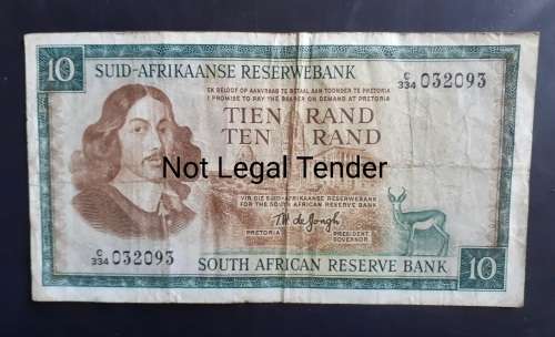 South Africa Ten Rand TW de Jongh Bank Note - VG