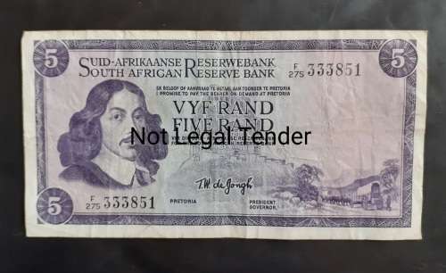 South Africa Five Rand TW de Jongh Bank Note - VG