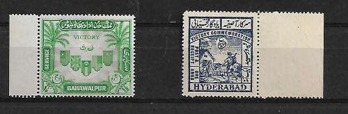 India - 1946 Bahawalpur & Hyderabad Victory Stamps MH
