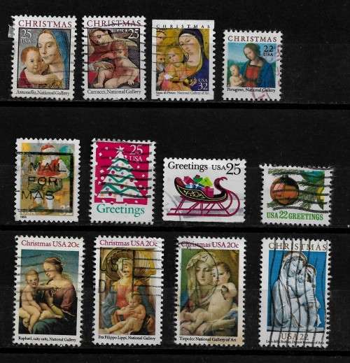 USA - Christmas Collection of 12 Stamps Fine Used