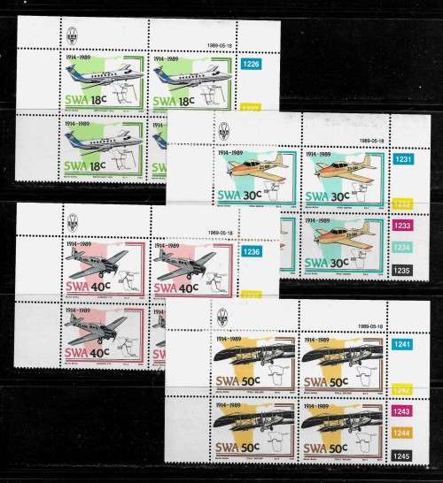 SWA - 1989 Anniversary of Aviation in SWA Full Set of Control Blocks of 4 Stamps MNH