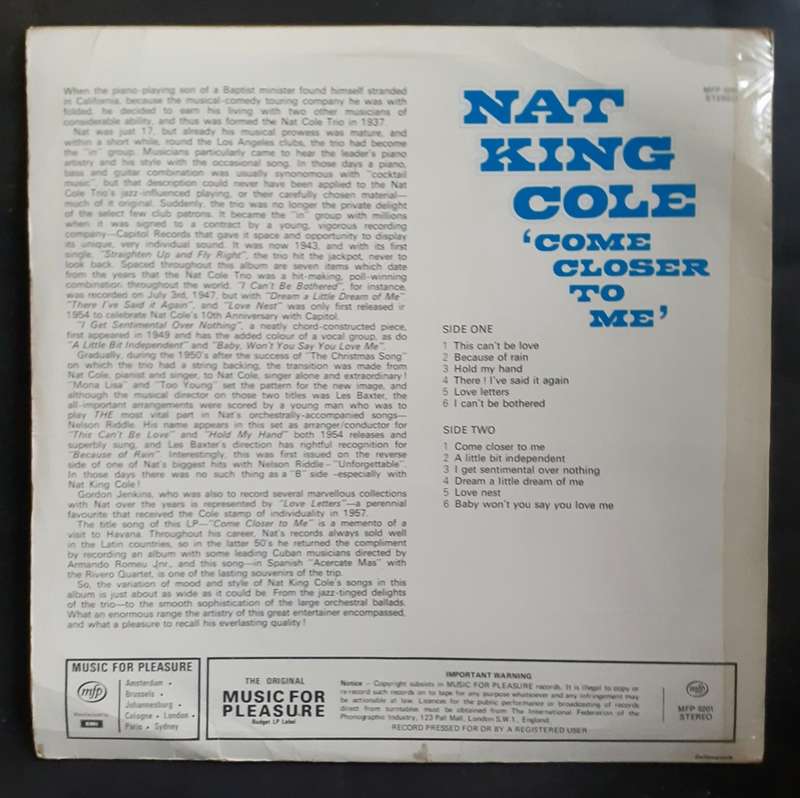 Nat King Cole - Come Closer To Me LP Vinyl Record