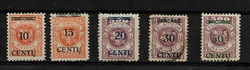 Memel (Germany) - 1923 Overprint Full Set of 5 Stamps MH & Fine Used