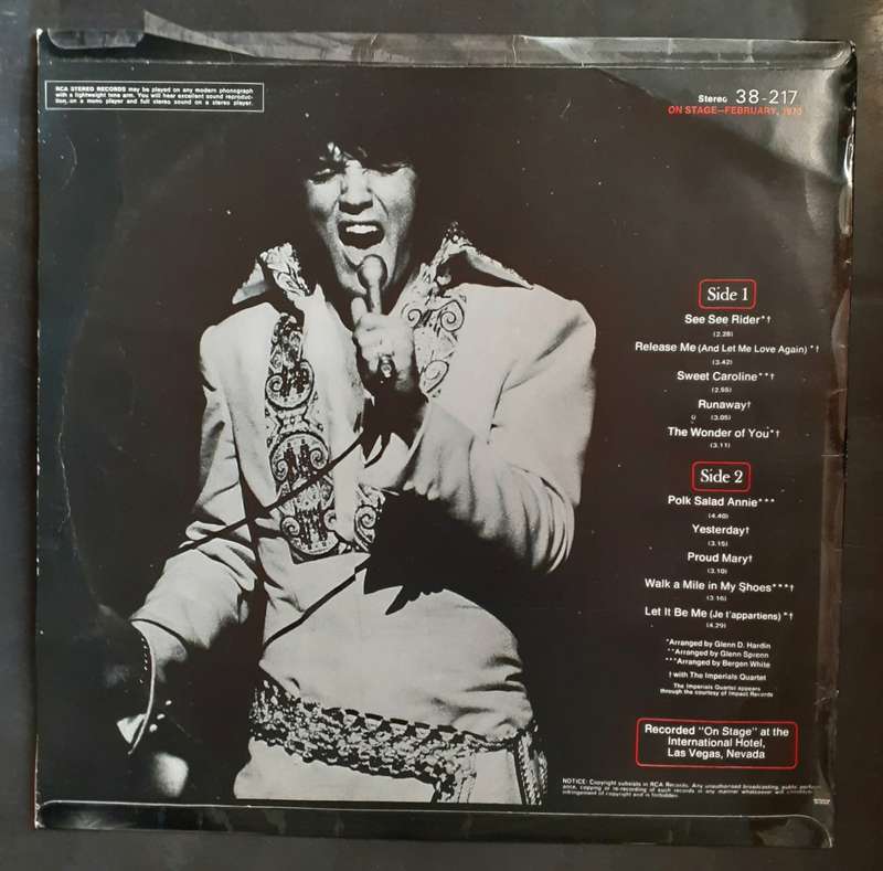 Elvis Presley - On Stage February, 1970 LP Vinyl Record