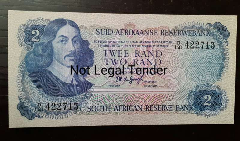 South Africa Two Rand TW de Jongh Bank Note - UNC