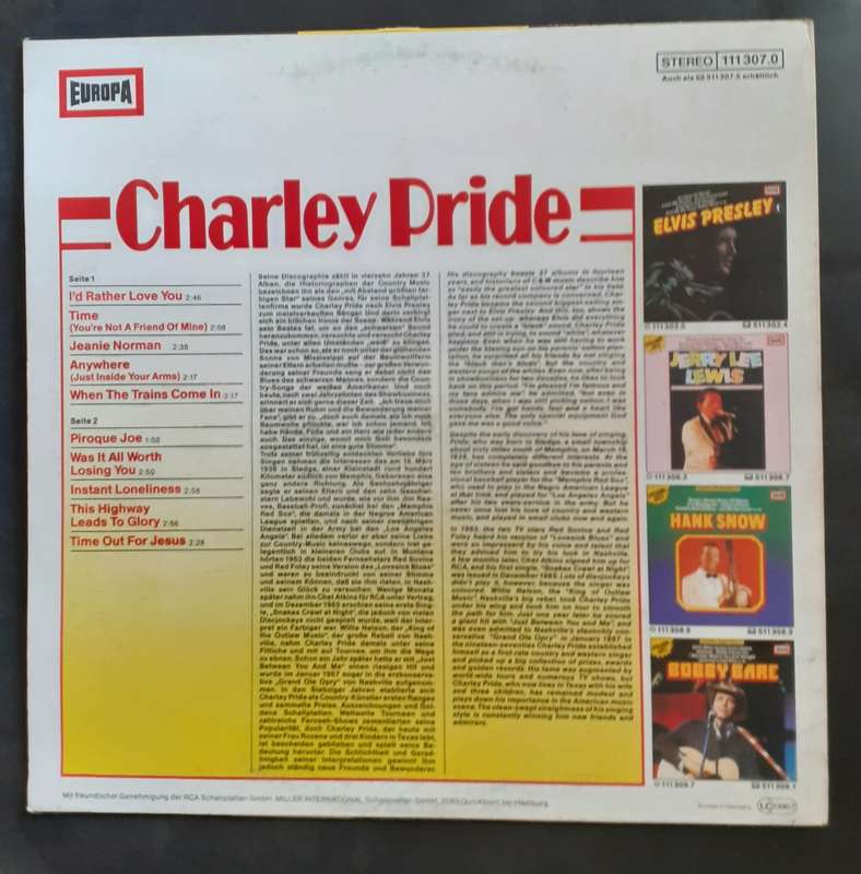Charley Pride - Country Superstars LP Vinyl Record - Germany Pressing