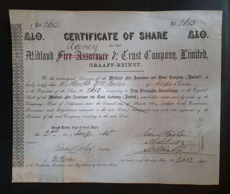 Midland Fire Assurance & Trust Company Limited Share Certificate - dated 1865