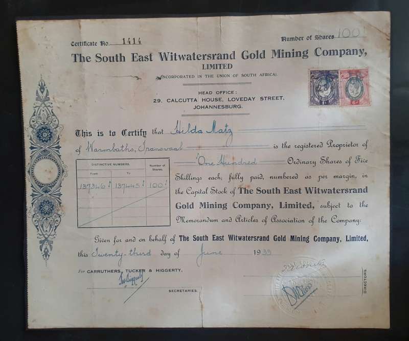 The South East Witwatersrand Gold Mining Company Limited Share Certificate - dated 1933