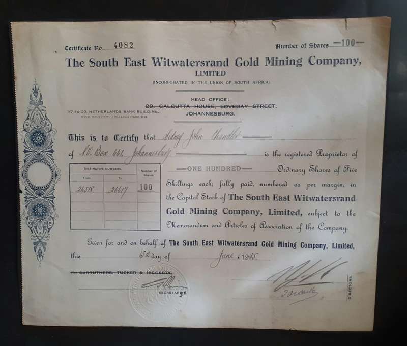 The South East Witwatersrand Gold Mining Company Limited Share Certificate - dated 1935
