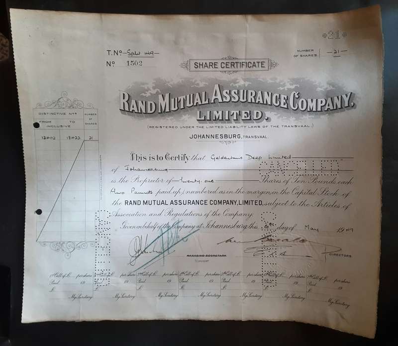 Rand Mutual Assurance Company Limited Share Certificate - dated 1949