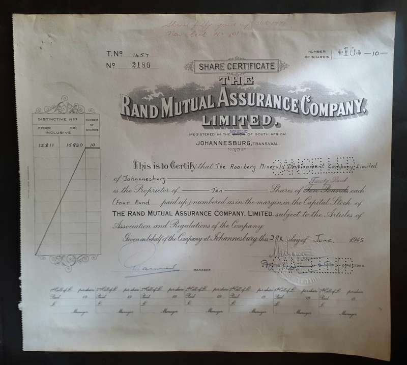 Rand Mutual Assurance Company Limited Share Certificate - dated 1965