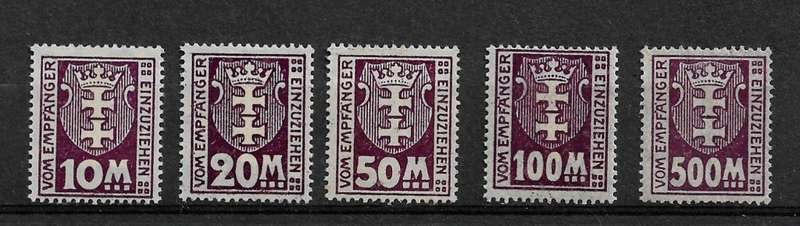 Danzig (Germany) - 1923 Postage Due Full Set of 5 Stamps MH