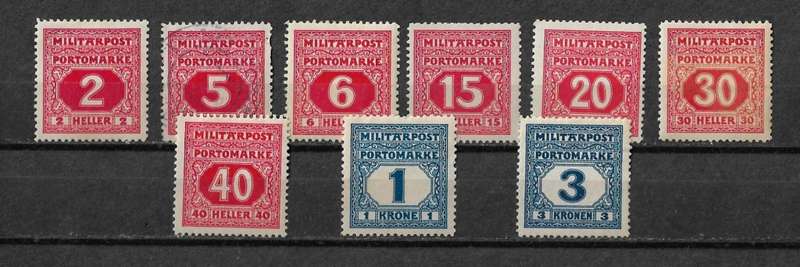 Bosnia & Herzegovina - 1916/18 Postage Due Part Set of 9 Stamps MH