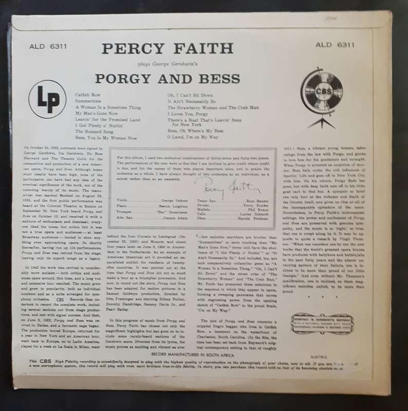 Percy Faith Plays George Gershwin`s Porgy and Bess LP Vinyl Record