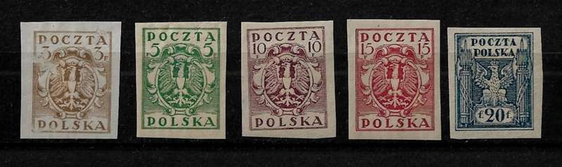 Poland - 1919 Definitive Issue Imperf Part Set of 5 Stamps MH