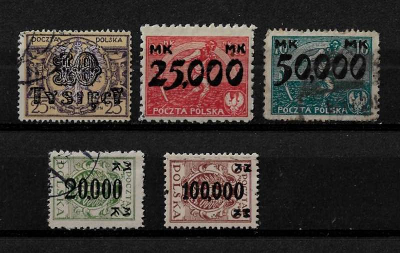 Poland - 1923 Inflation Overprint Part Set of 5 Stamps Fine Used