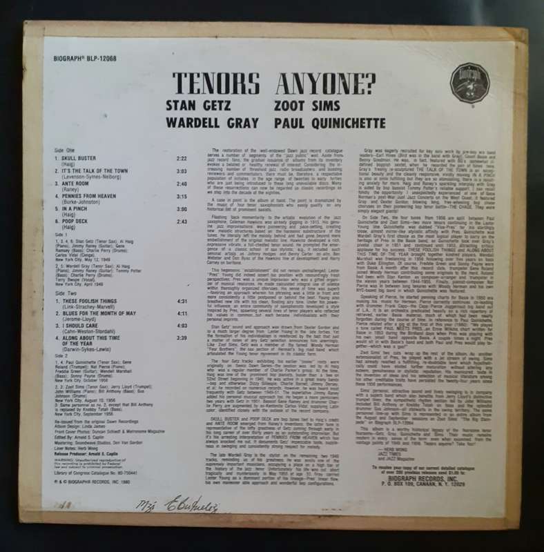 Stan Getz, Zoot Sims, Wardell Gray, Paul Quinichette - Tenors Anyone? LP Vinyl Record - USA Pressing