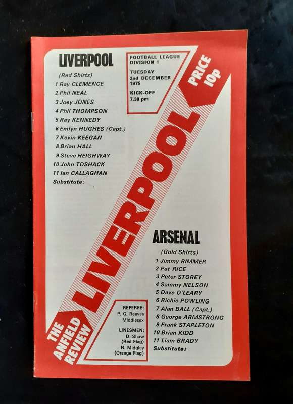 Liverpool vs Arsenal 1975/76 Division 1 Match Programme