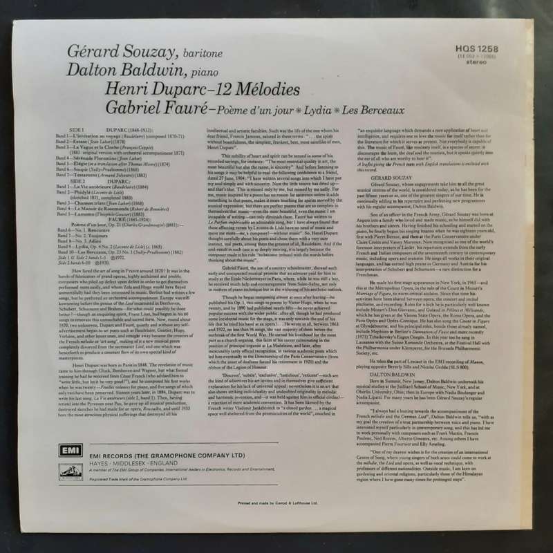 Duparc / Faure, Gérard Souzay / Dalton Baldwin  12 Mélodies & Poeme LP Vinyl Record - UK Pressing