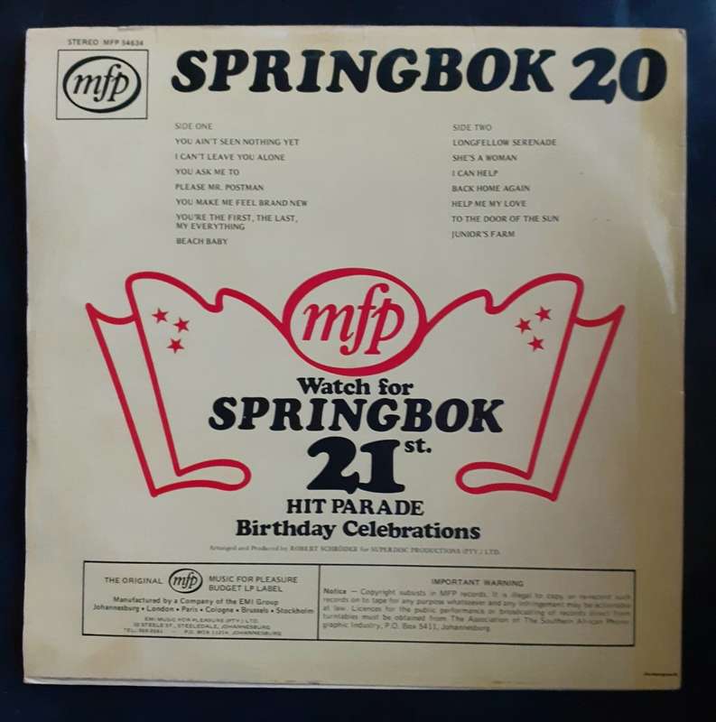 Springbok Hit Parade Vol.20 LP Vinyl Record