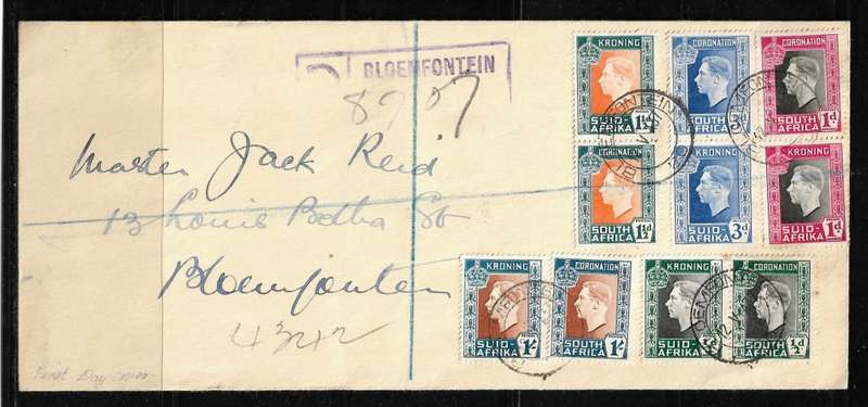 Union of South Africa - 1937 Coronation of KGVI Full Set of Pairs on Cover