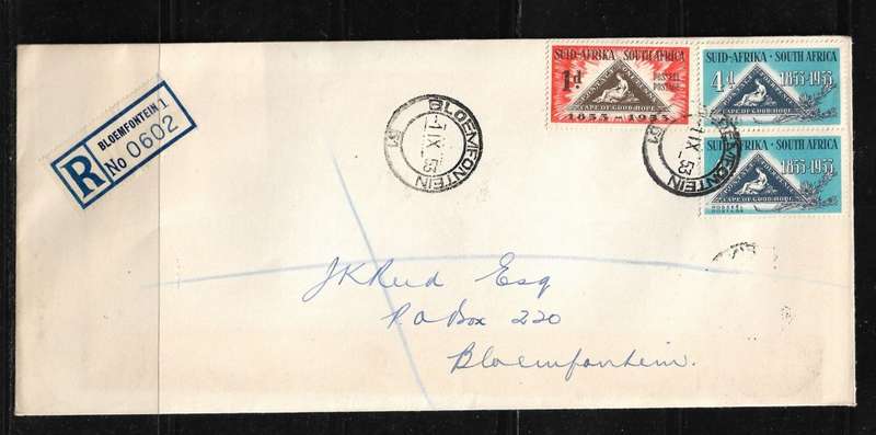 Union of South Africa - 1953 Centenary of Cape Triangular Stamps on Registered Cover