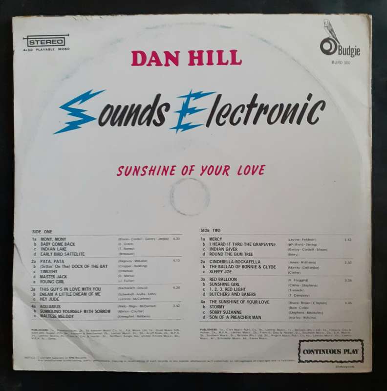Dan Hill Sounds Electronic - Sunshine of Your Love LP Vinyl Record