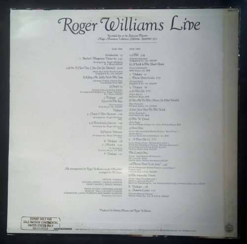Roger Williams - Live LP Vinyl Record - USA Pressing