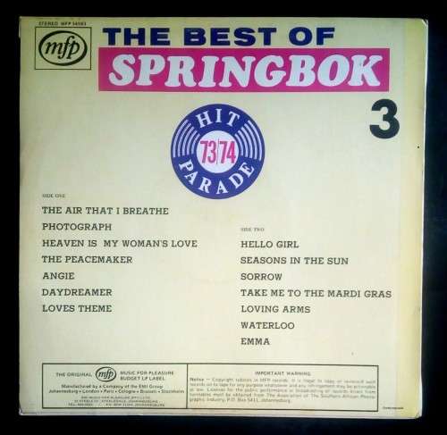 The Best of Springbok Hit Parade 1973/74 LP Vinyl Record