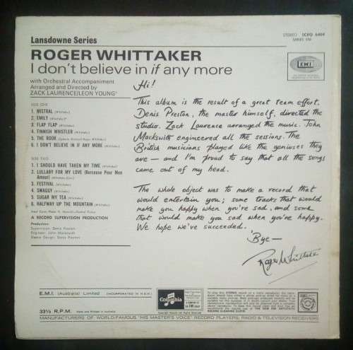 Roger Whittaker - I Don`t Believe In If Anymore LP Vinyl Record - Australia Pressing