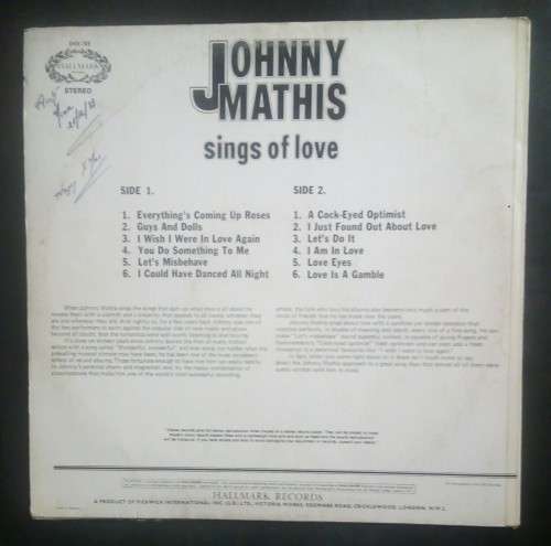 Johnny Mathis - Johnny Mathis Sings of Love LP Vinyl Record - UK Pressing