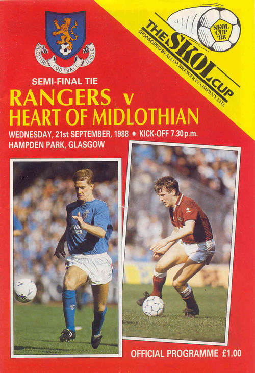 RANGERS v HEARTS 1988 SCOTTICH LEAGUE CUP SEMI FINAL MATCH PROGRAMME