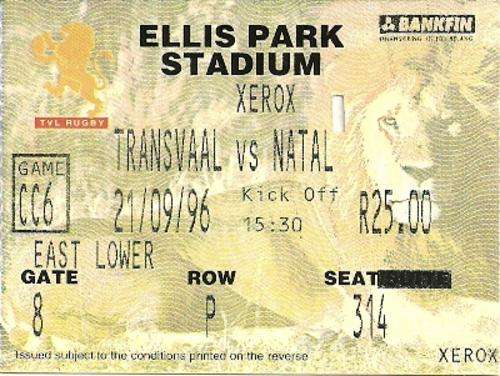 Transvaal v Natal 1996 Currie Cup Match Ticket