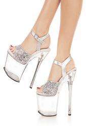 Size 8 - Womens silver, glitter and rhinestone platform sandals with sexy 7 inch stiletto high heels