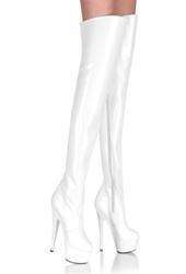 Womens white patent thigh high platform boots with sexy 6 inch stiletto high heels
