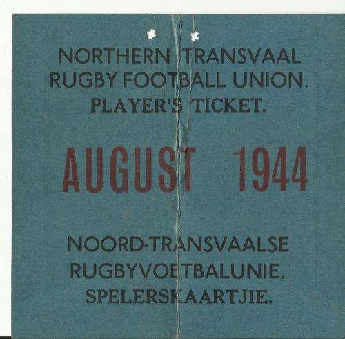 Northern Tranvaal Rugby Football Union Players Ticket