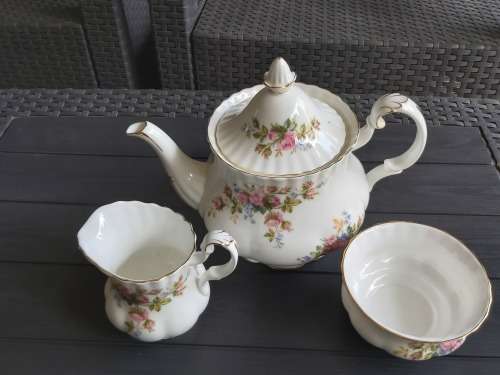 Royal Albert Bone China England  Moss Rose Teapot PLUS sugar basin and creamer / milk jug