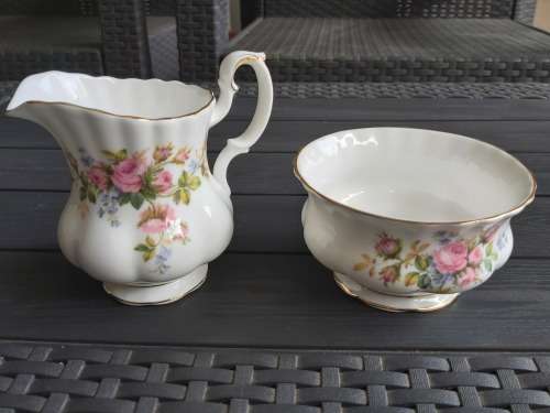 Royal Albert Bone China England  Moss Rose Teapot PLUS sugar basin and creamer / milk jug