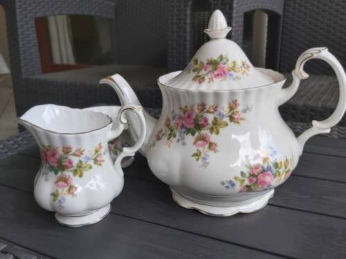 Royal Albert Bone China England  Moss Rose Teapot PLUS sugar basin and creamer / milk jug