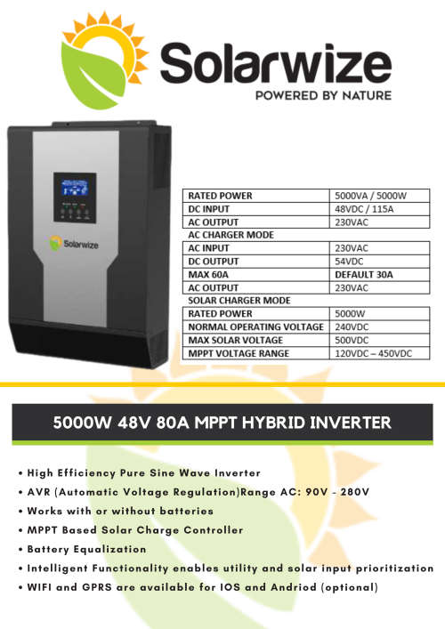 5KVA - 5000W Solarwize Inverter Pure Sine wave- Solar Voltage range 120VDC- 450VDC