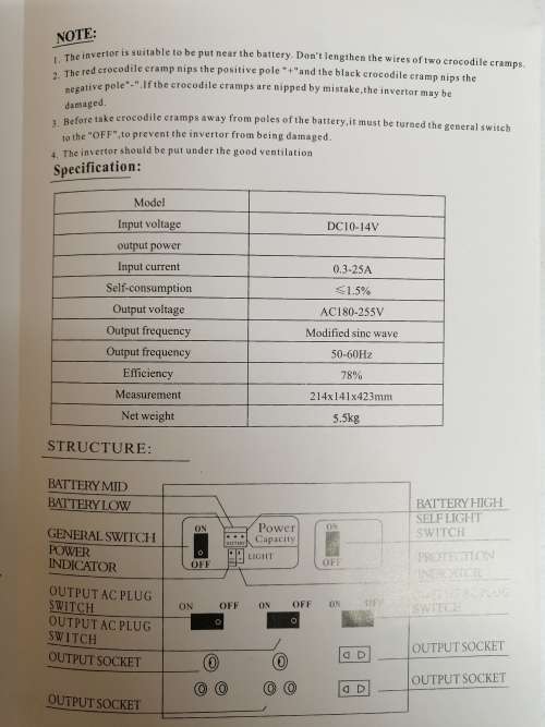 12V Inverter 800Watt with light